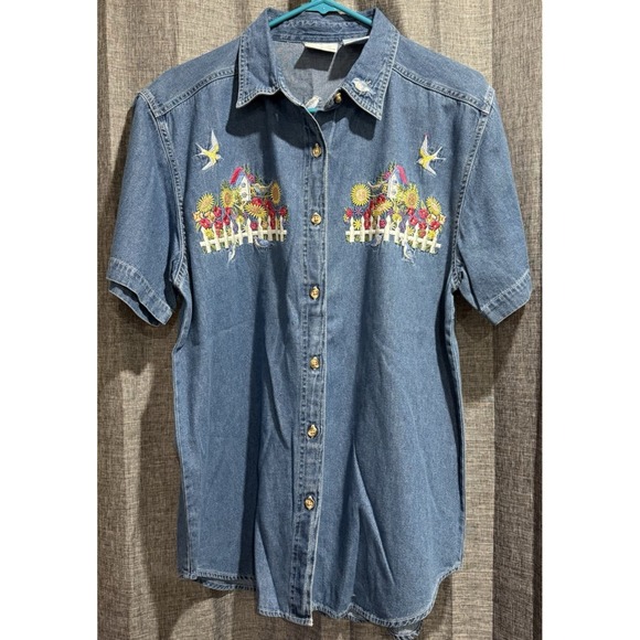 Bobbie Brooks Birds‎ Flowers Denim Shirt Size Med Embroidered front/back/collar - Picture 1 of 12